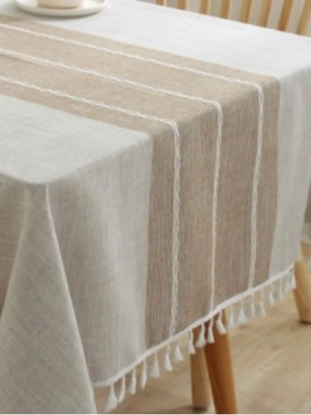 Heavyweight 100% Cotton Tablecloth Embroidered STRIPE Rectangular 55x70” BEIGE
